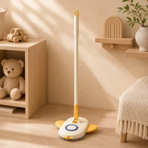 Front view of kids airplane mop with playful mop head design