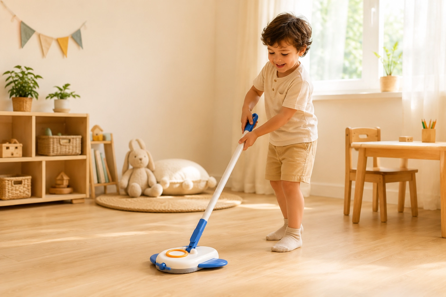 Child using blue kids spray mop in playroom for practical life cleaning activity