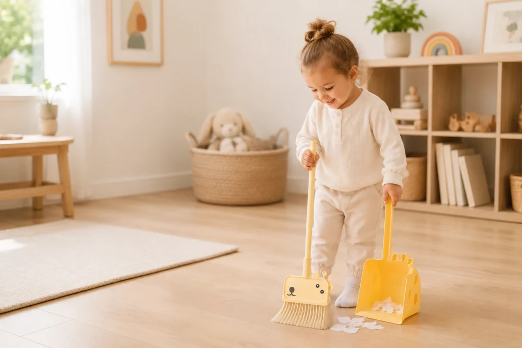Toddler using a yellow kids broom and dustpan set in a bright playroom