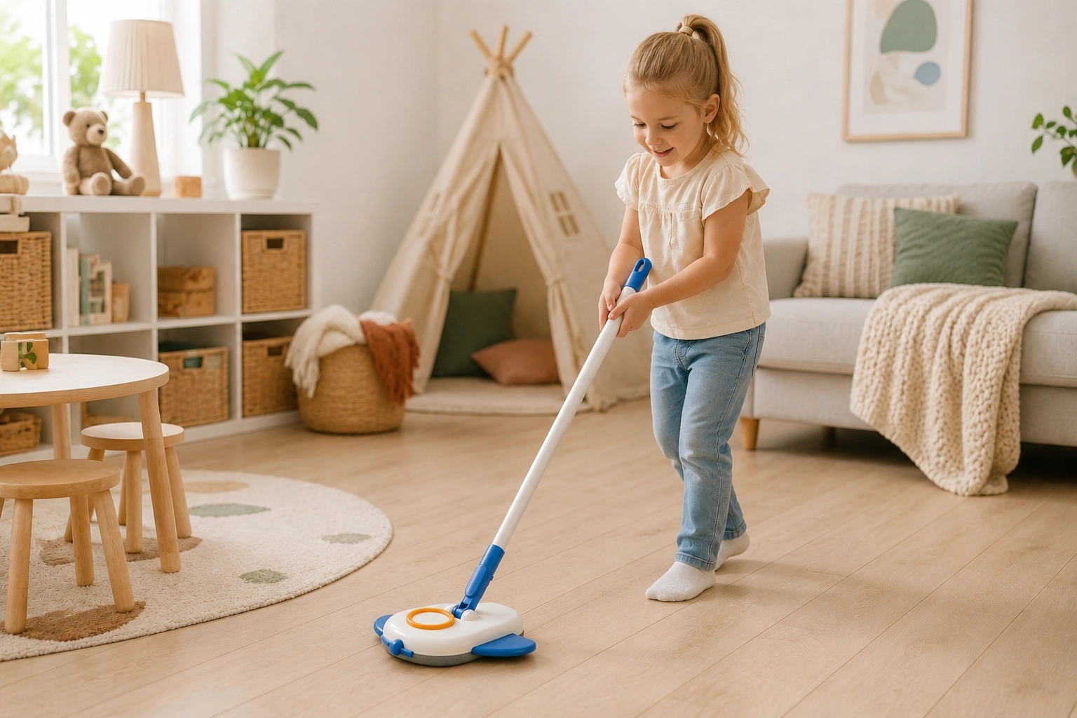 Child using a kids mop to clean the floor in a playroom