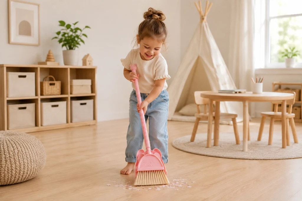 Child using a pink broom and dustpan set to clean a playroom floor