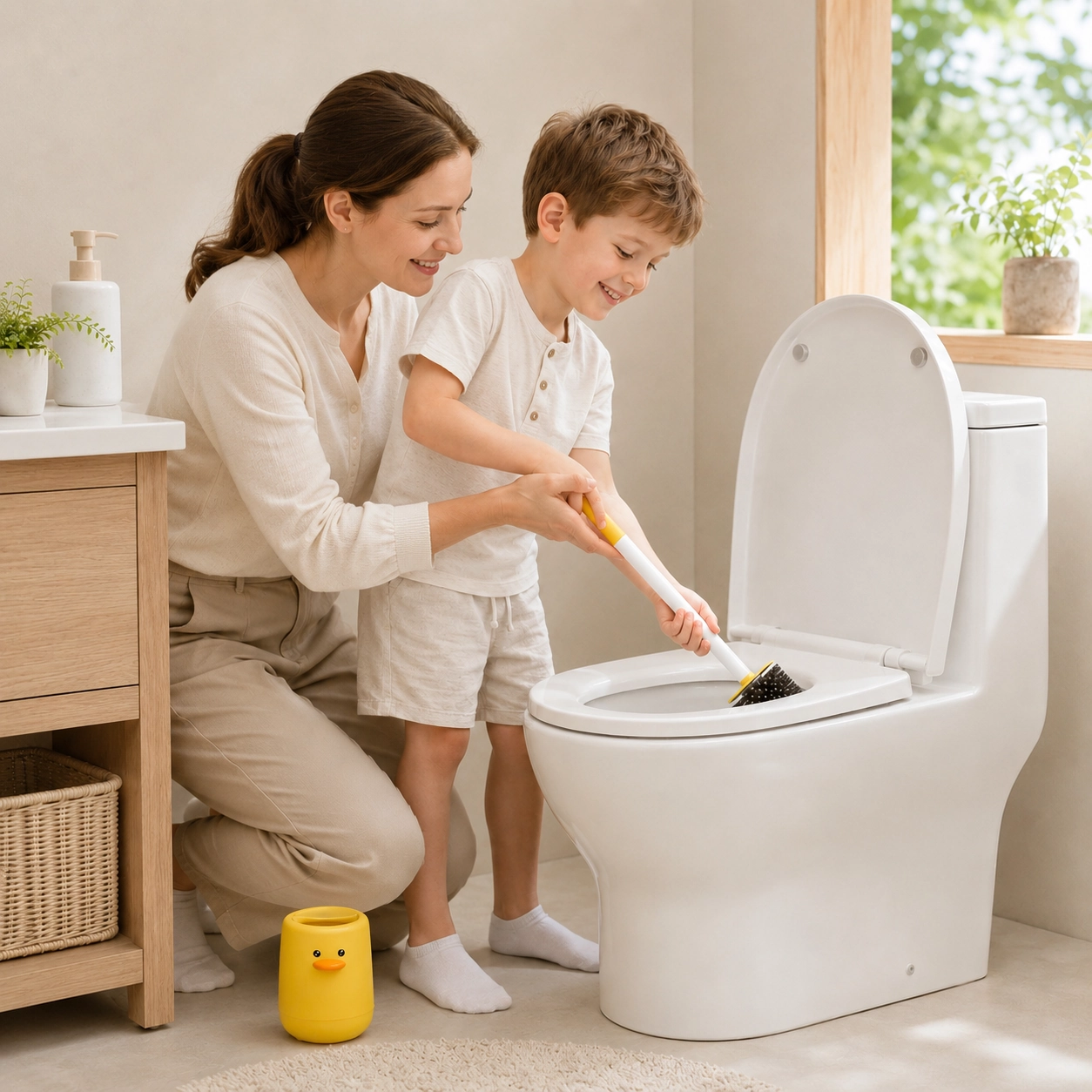 Child learning bathroom cleaning with yellow duck toilet brush under adult supervision