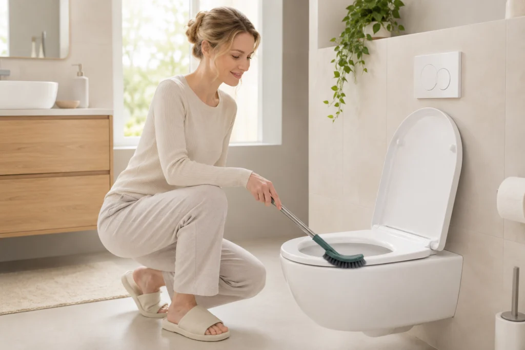 Woman using a green angled toilet brush to clean a modern toilet