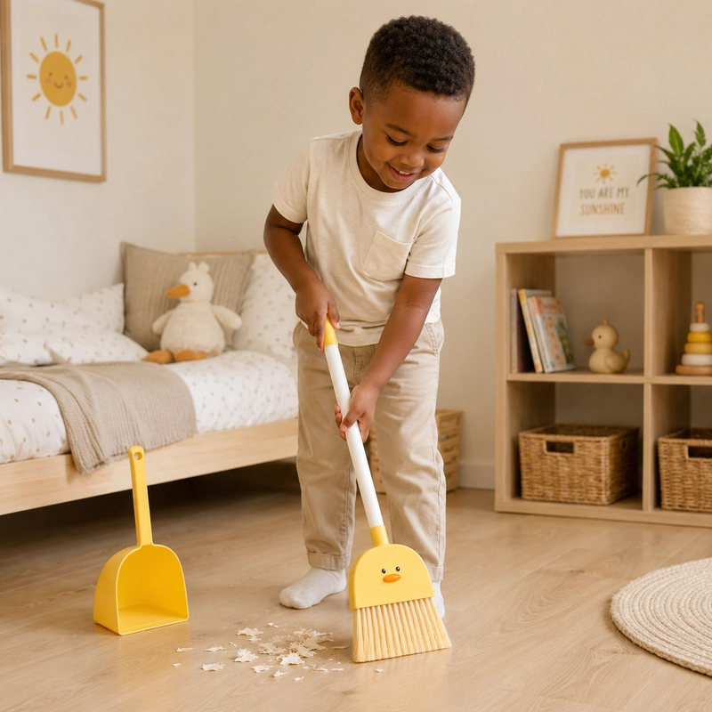 Child using a kids broom in a bright home setting