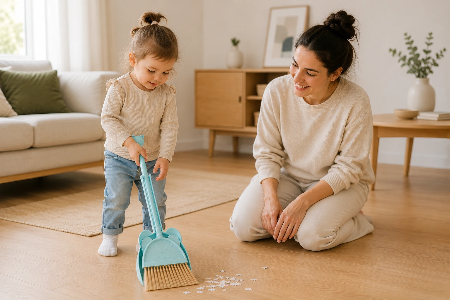 Child using a blue kids broom and dustpan set in a family living room