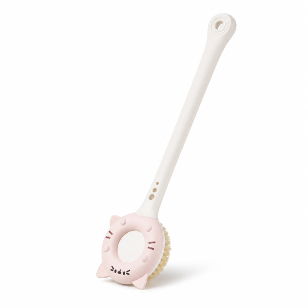 Pink cat bath brush with long handle and compact head