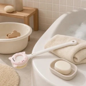 Side view of compact cat bath brush with slim handle