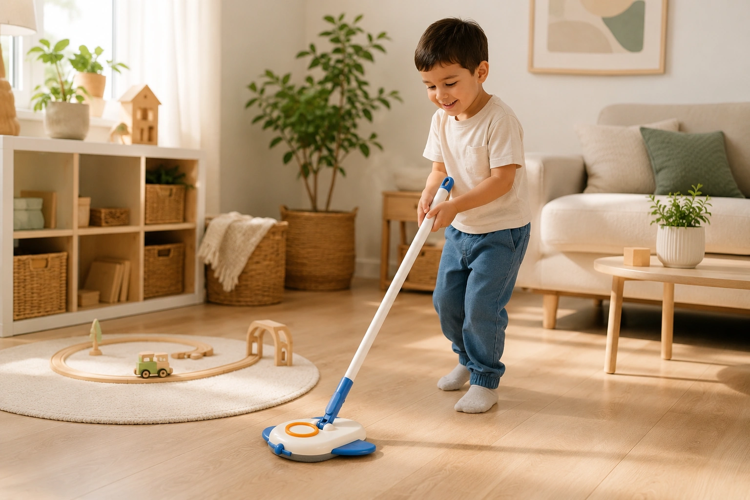 Child using a kids airplane mop in a modern living room