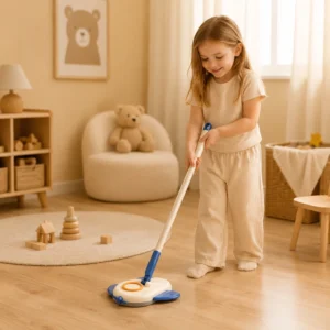 Child using kids airplane mop for Montessori cleaning play