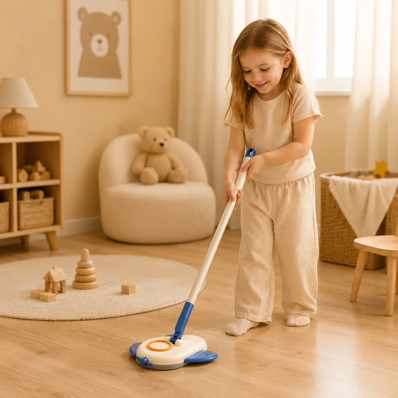 Child using kids airplane mop for Montessori cleaning play