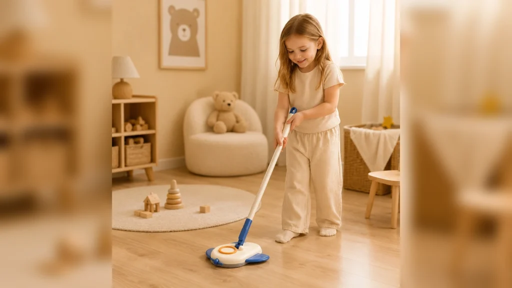 Young girl using a blue and white airplane-shaped kids mop in a warm Scandinavian playroom, suitable for Montessori cleaning play and B2B wholesale product display.
