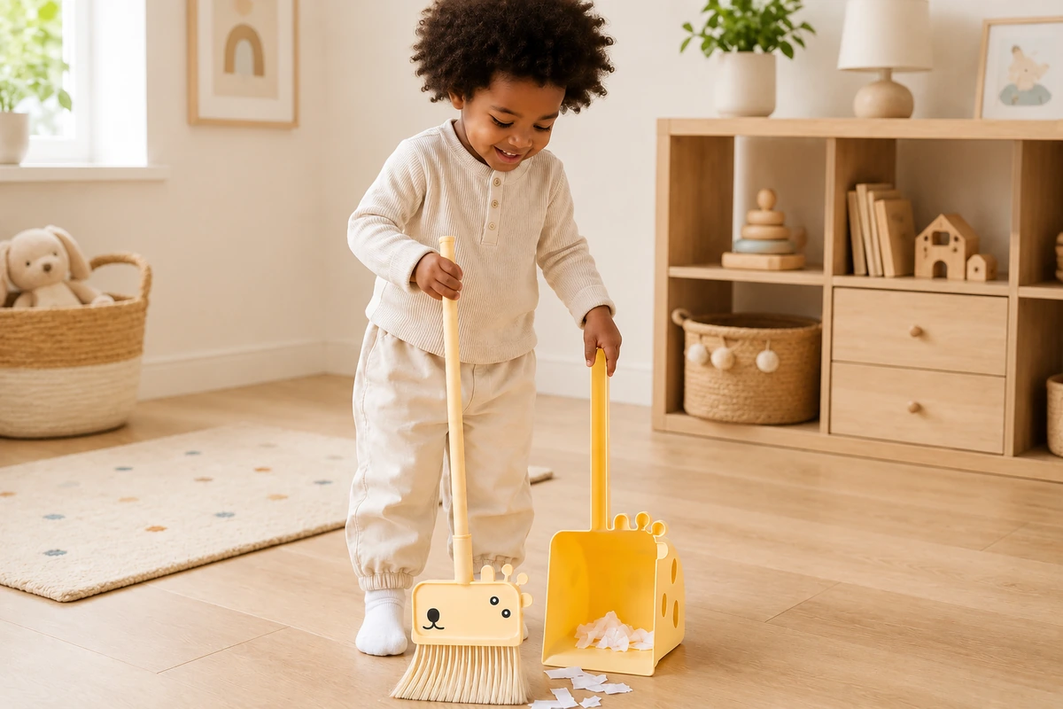 Black child holding a kids broom and dustpan set in a modern playroom
