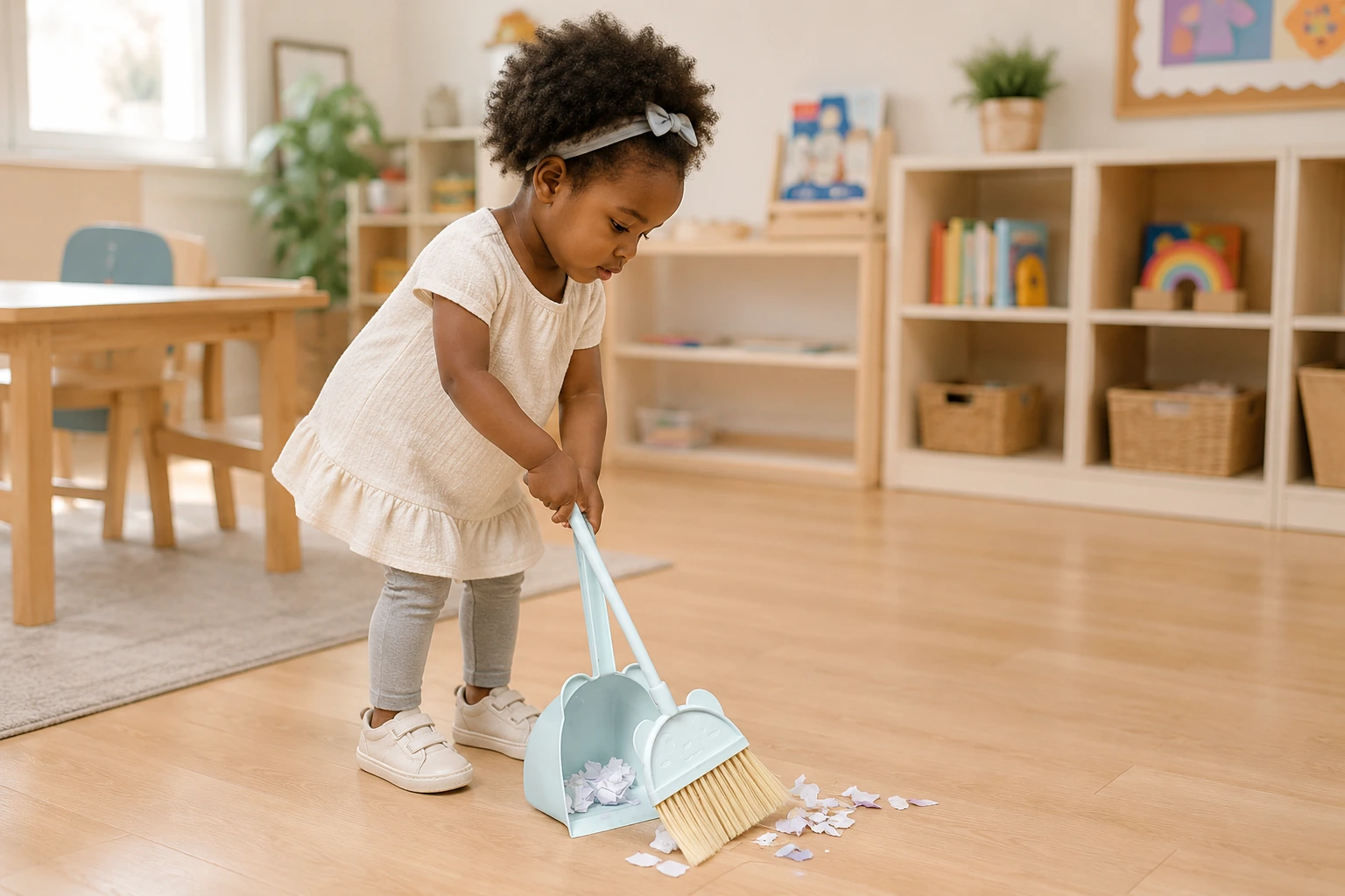 Black child sweeping the floor with a kids broom and dustpan set in a classroom