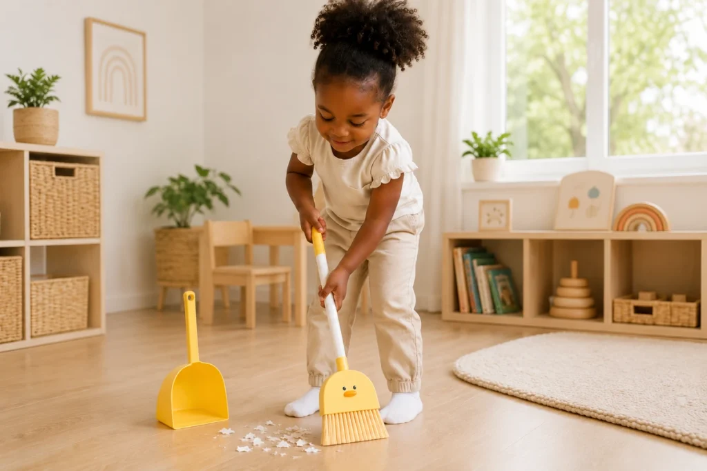 Black child holding a kids broom and dustpan set in a modern home