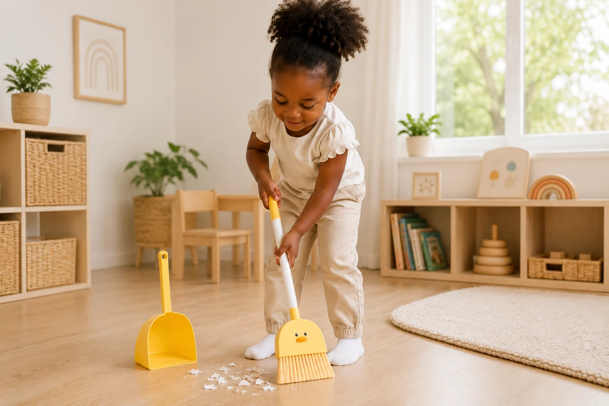 Black child using a kids broom and dustpan set in a bright playroom