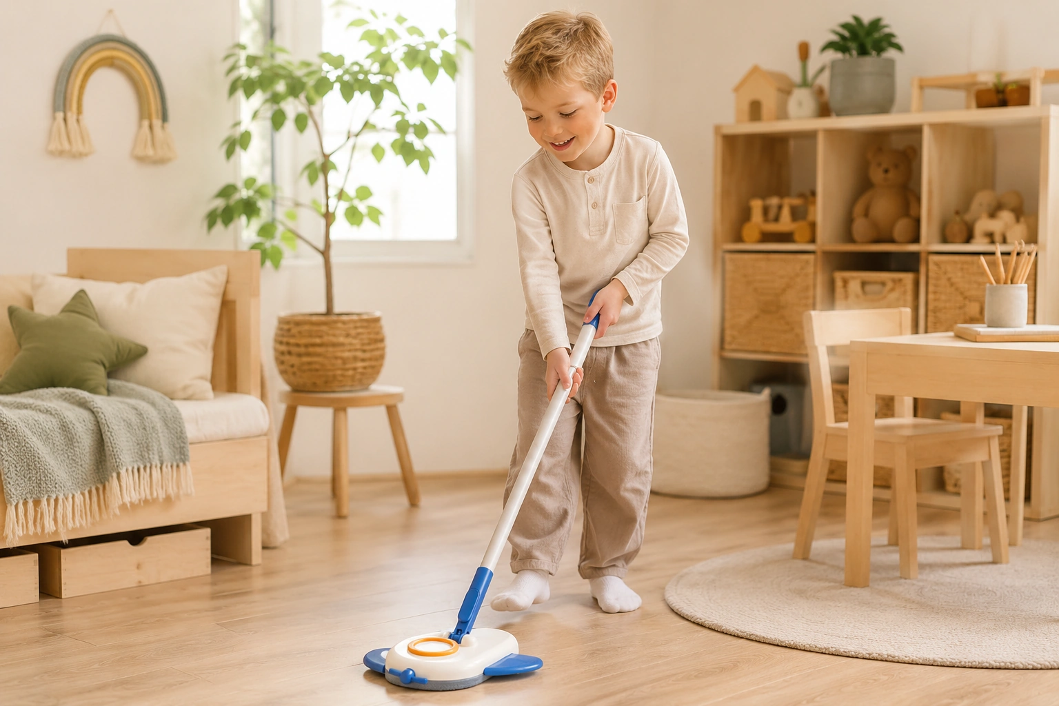 Child using wholesale kids cleaning supplies in a bright bedroom setting