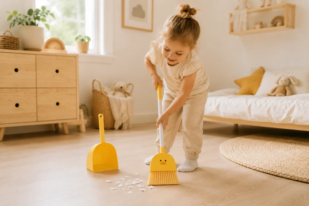 Young girl using a kids broom in a preschool classroom for pretend cleaning and practical life activities