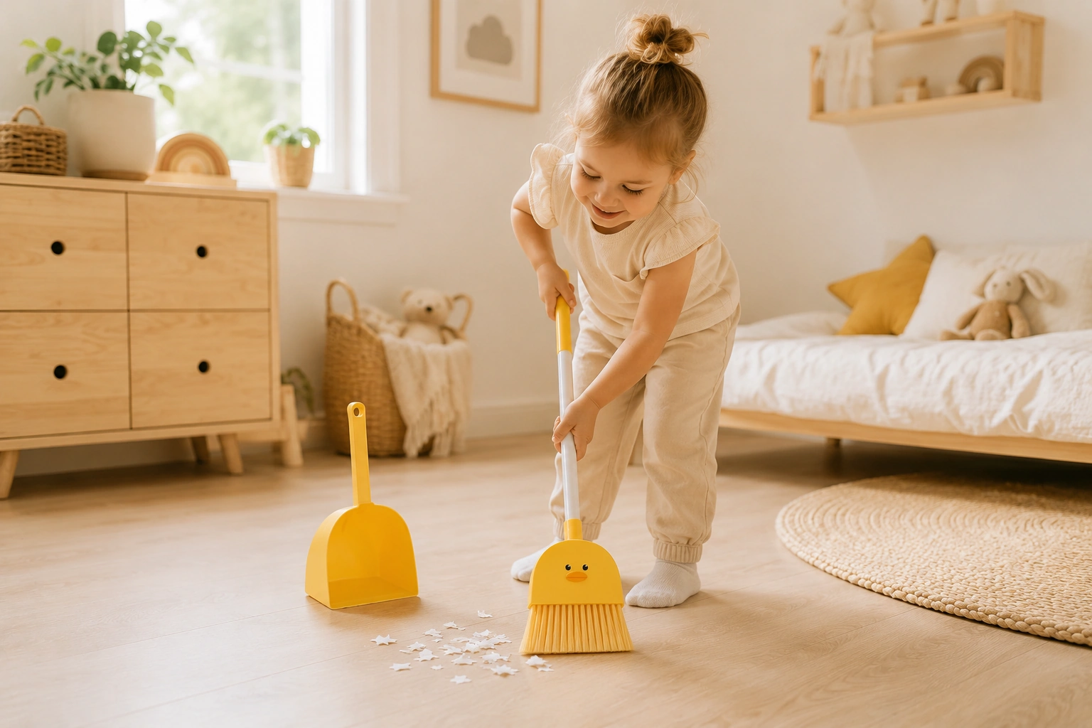 Girl using kids cleaning supplies in a classroom setting