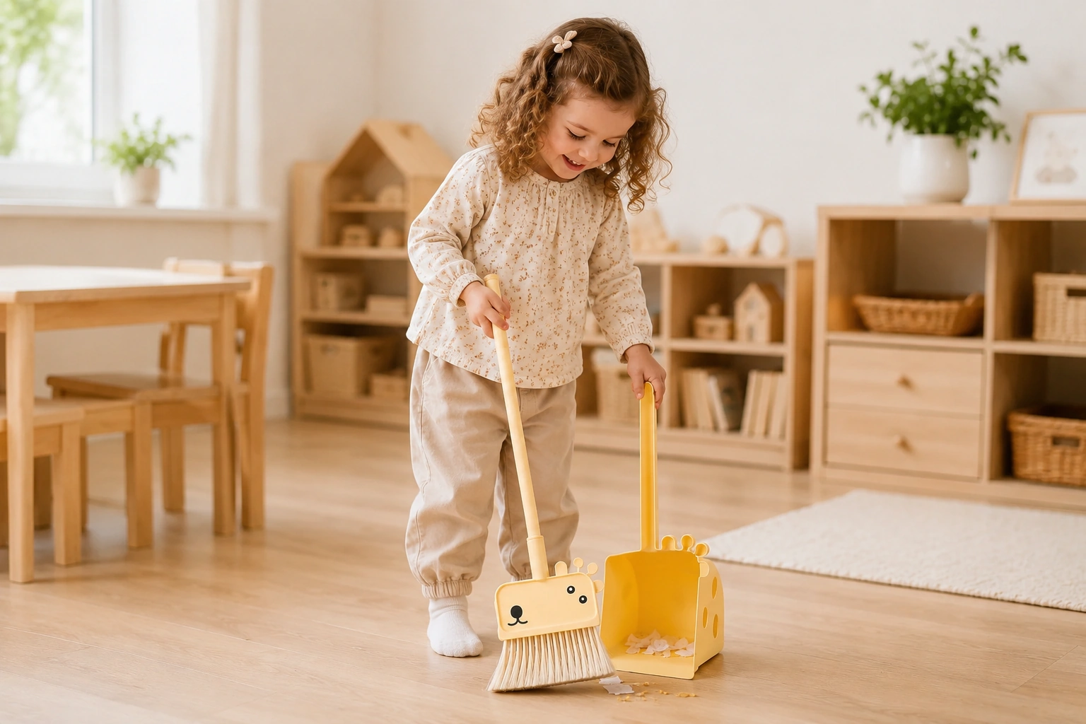 Girl using kids broom in a playroom cleaning routine