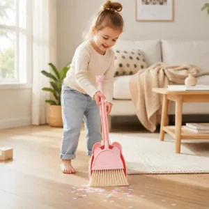 Child using kids broom and dustpan set for pretend cleaning play
