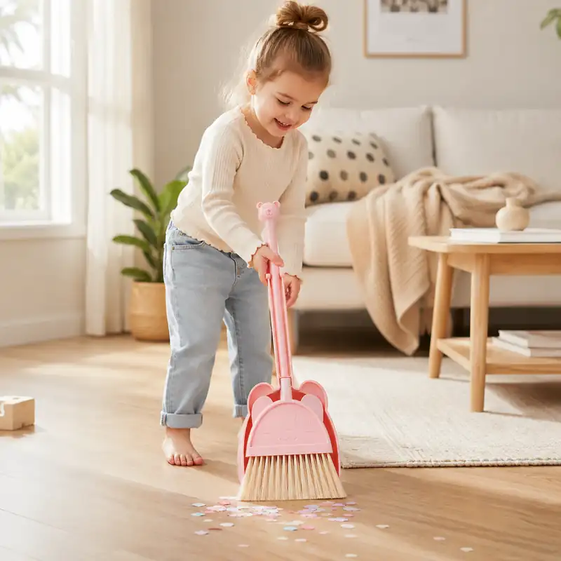 Child using kids broom and dustpan set for pretend cleaning play