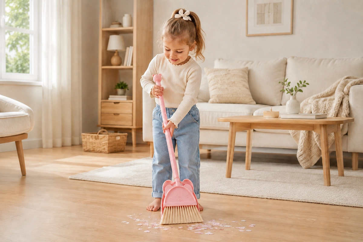 Child using a pink kids broom in a Scandinavian-style living room