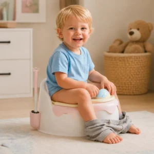 Toddler using potty chair at home