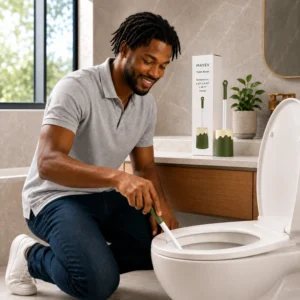 Three ice cream style toilet brush holders in pink brown and green displayed beside a toilet