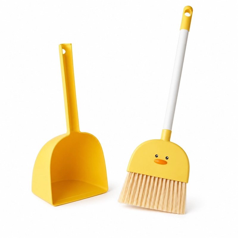 Yellow duck kids broom and dustpan set for toddler cleaning play
