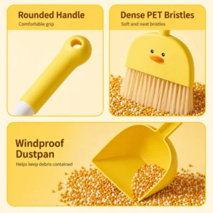 Yellow duck broom and dustpan set for preschool pretend play
