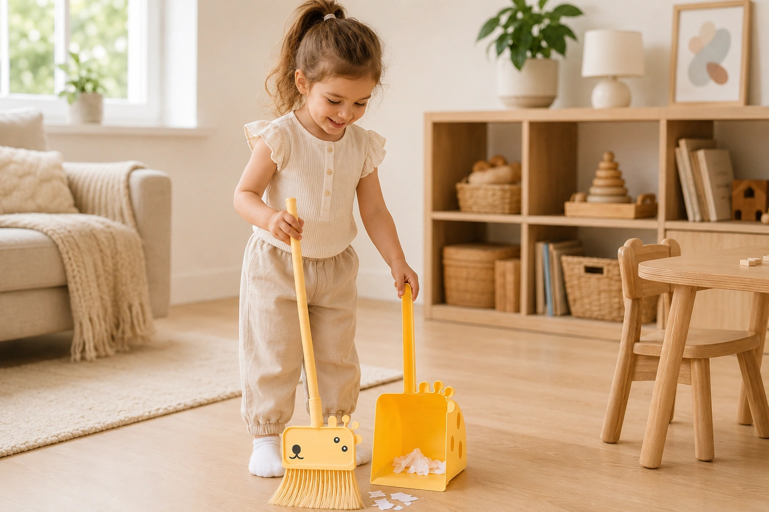 Child using a yellow kids broom and dustpan set in a bright playroom
