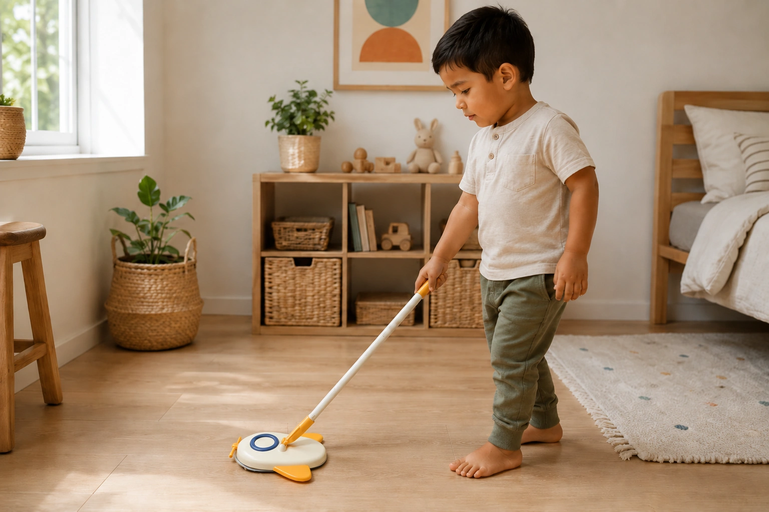 Airplane Kids Mop for Pretend Cleaning Tools Child using an airplane kids mop for pretend cleaning and light household chores