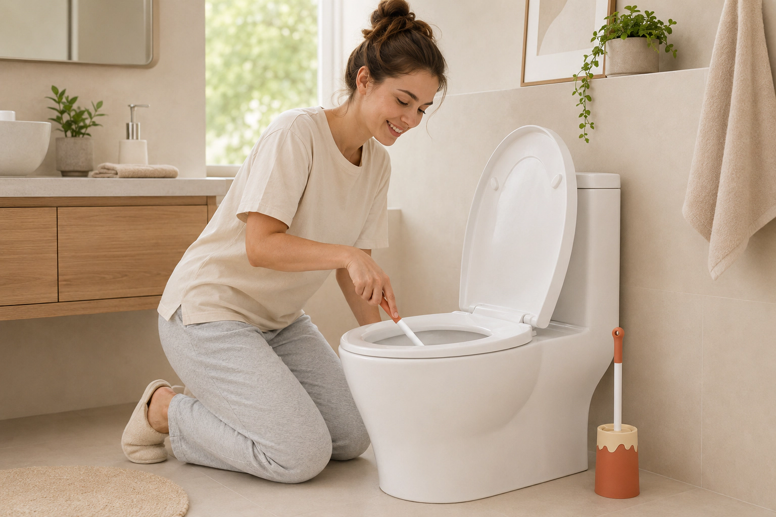 Woman cleaning a toilet with a modern decorative toilet brush in a bright bathroom