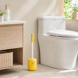 Yellow duck toilet brush used beside a modern bathroom toilet