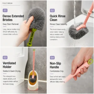 J-shaped toilet brush cleaning rim edges and toilet sidewalls