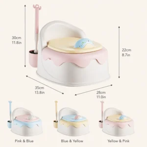 Front view of toddler potty chair showing ergonomic backrest and splash guard