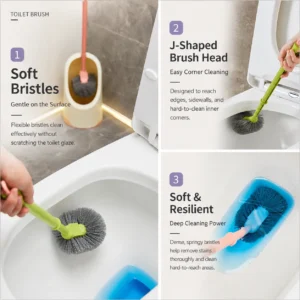 J-shaped brush head reaches toilet corners and deep bottom areas