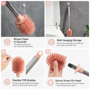 TPR toilet brush showing flexible bristles, washable head and hanging handle