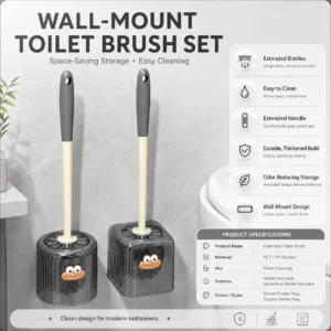 Woman cleaning toilet with funny face toilet brush in modern bathroom