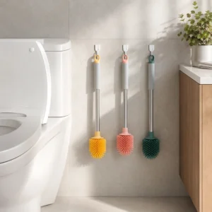 Long handle TPR silicone toilet brush in pink, yellow and green with size details