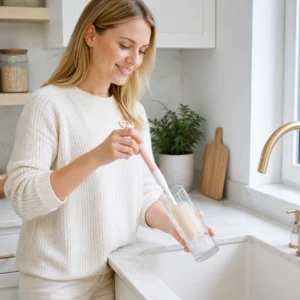 Homemaker using sponge cup brush to clean tall glass