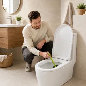 Smiling model demonstrating the J-shaped toilet brush cleaning toilet edges, sidewalls, and inner corners in a modern bathroom