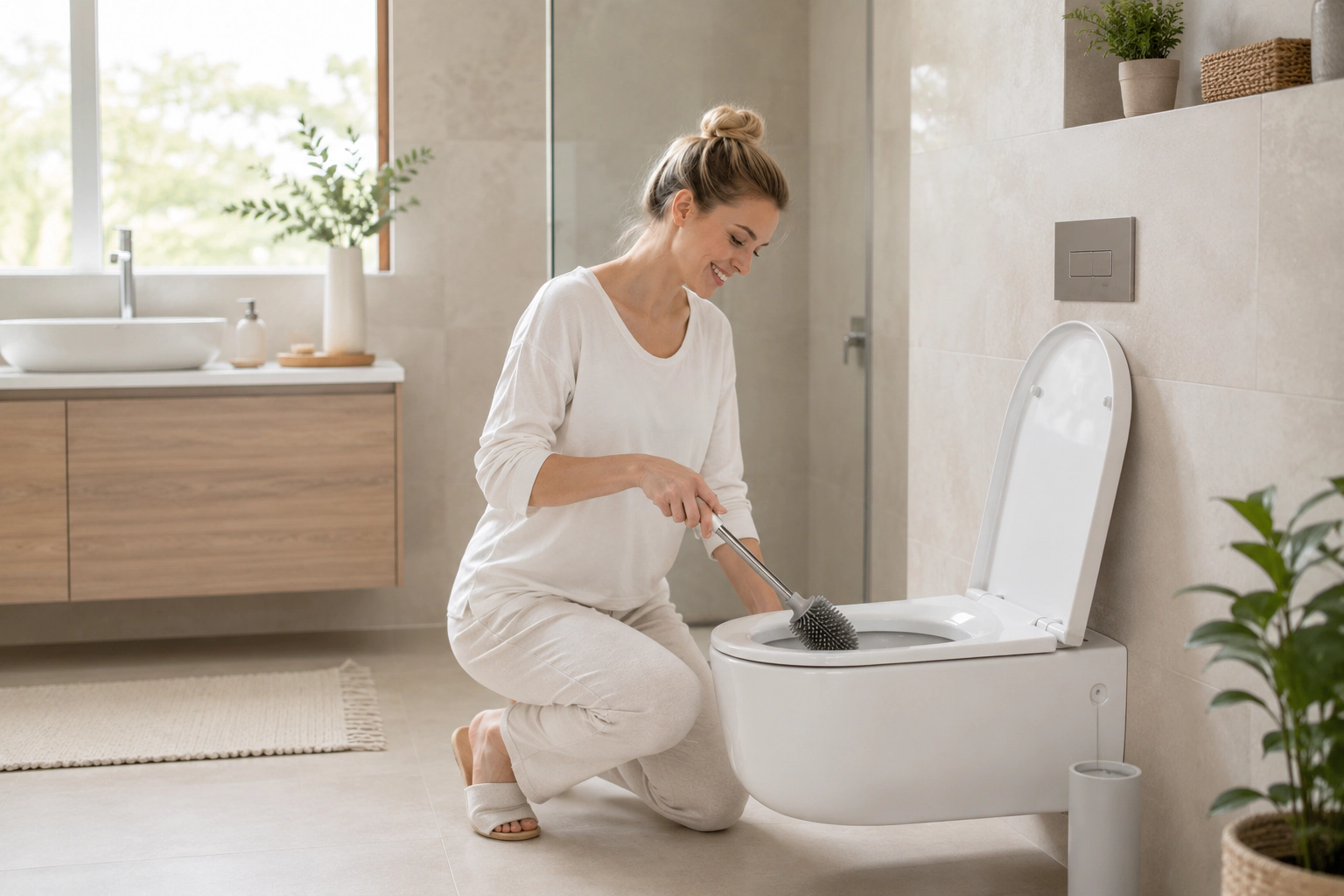 Woman cleaning toilet with silicone toilet brush for bathroom cleaning tools wholesale