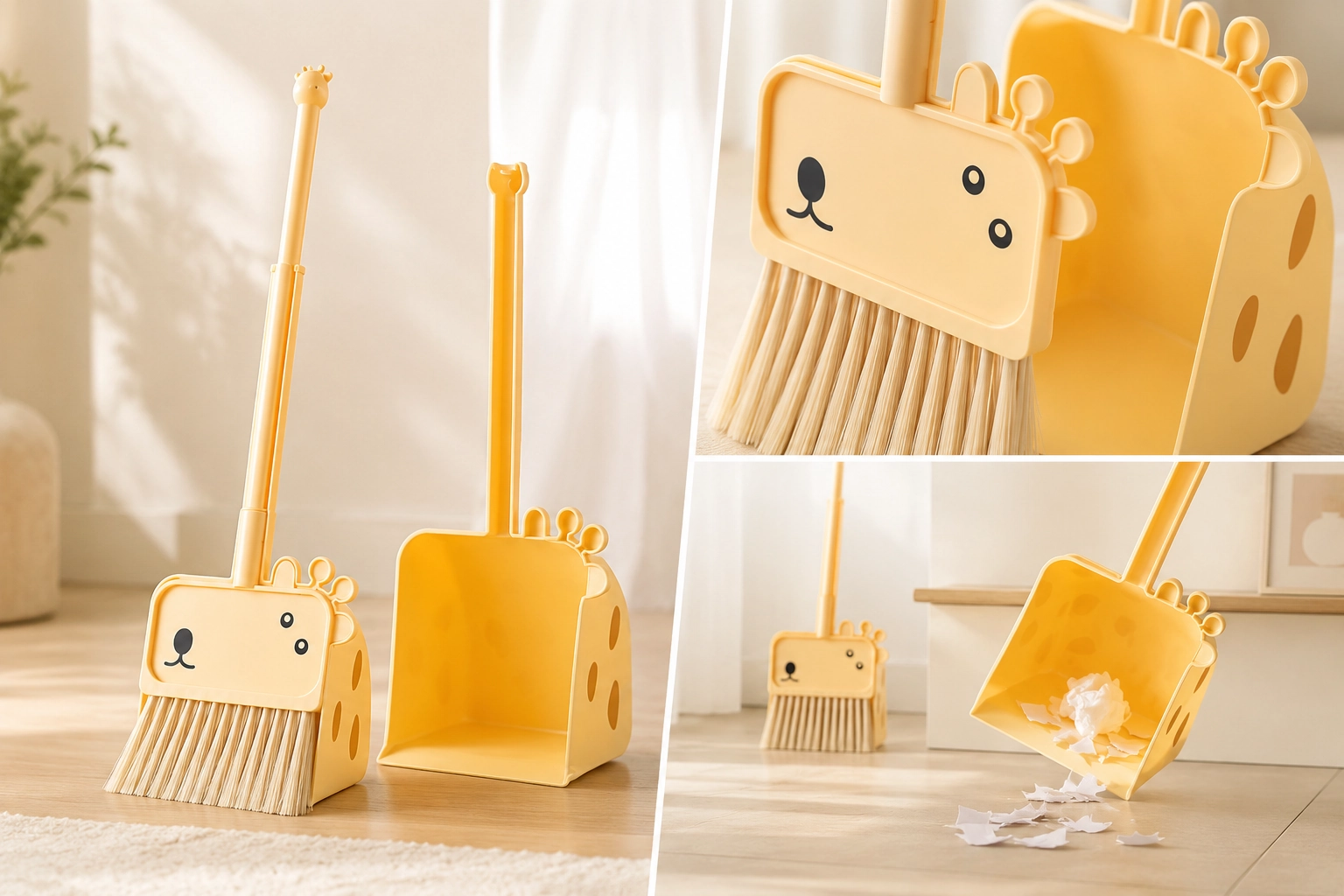 Yellow kids giraffe broom and dustpan set product feature collage
