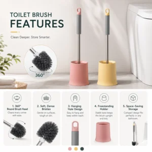 360 round head toilet brush with soft dense bristles and freestanding holder
