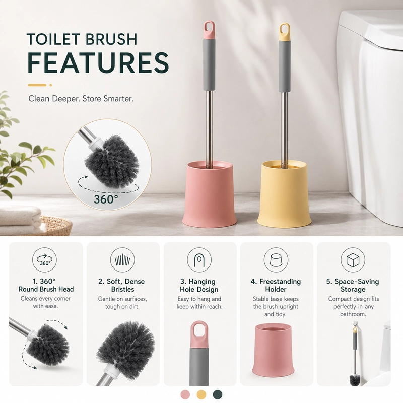 Freestanding toilet brush feature details showing 360-degree round head, dense bristles, compact holder, and hanging hole