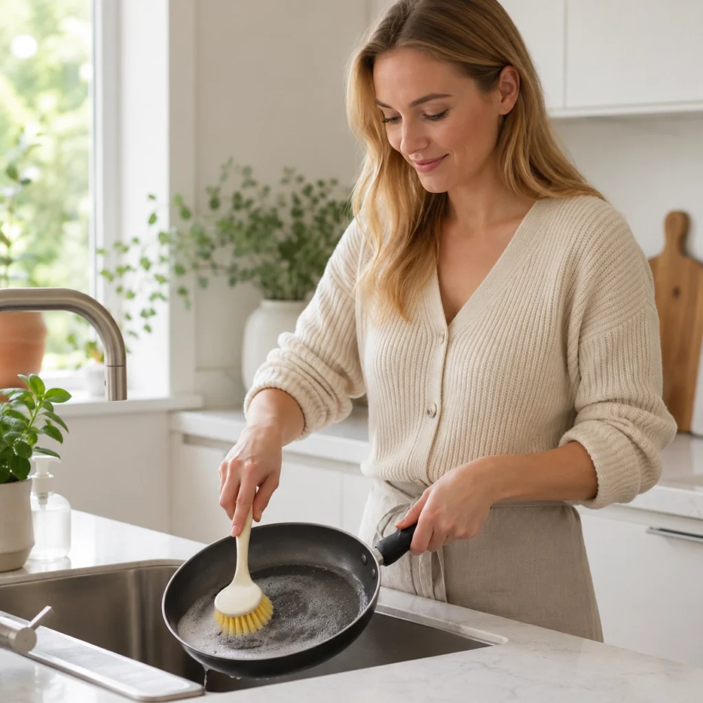 Woman cleaning frying pan with long handle dish brush