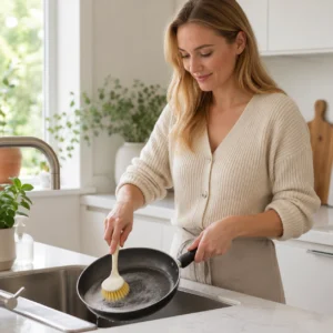 Woman cleaning frying pan with long handle dish brush