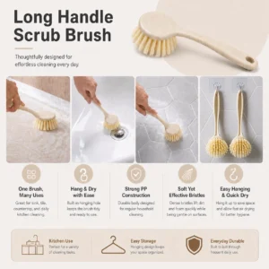 Long handle scrub brush for sink tile countertop and kitchen cleaning