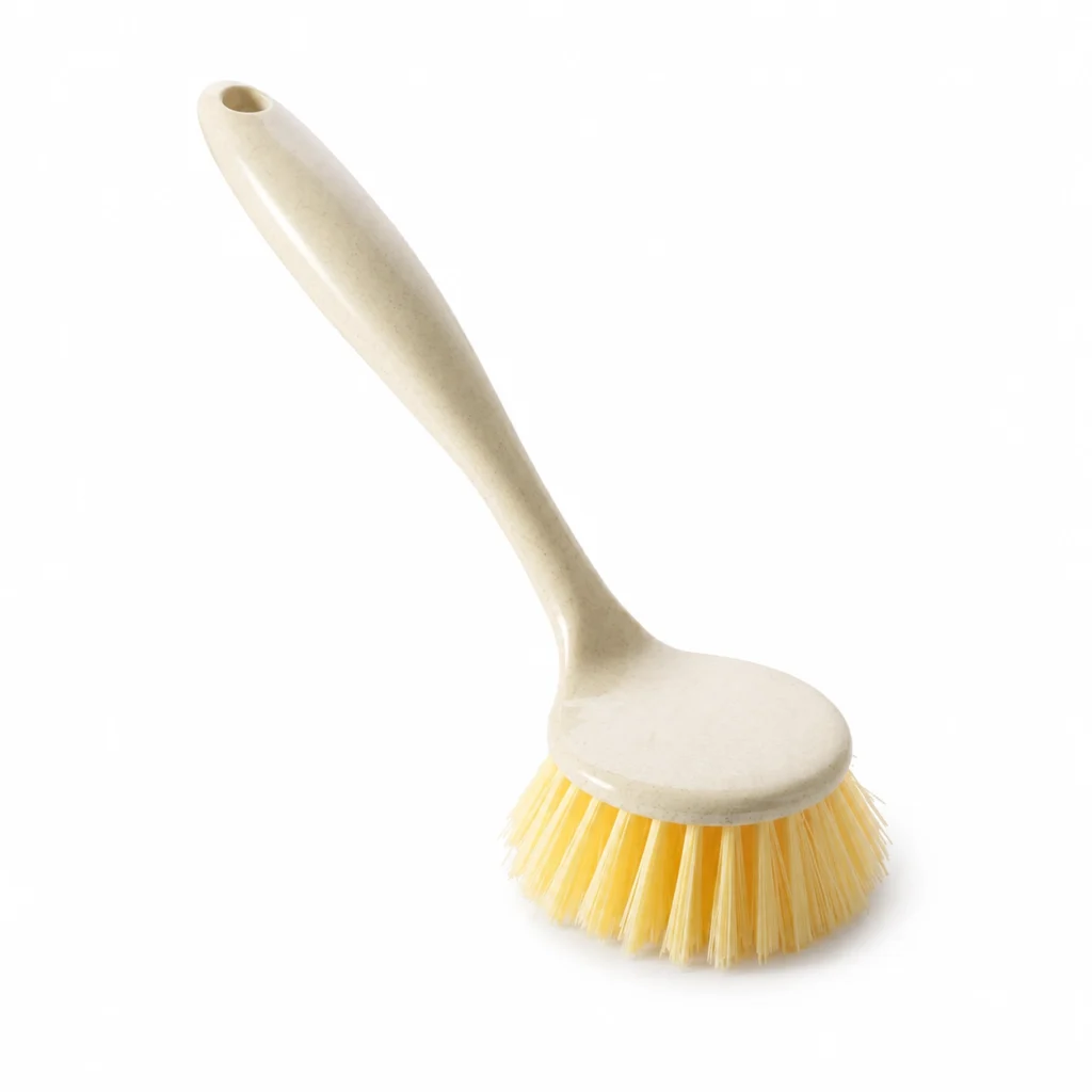 Ivory long handle dish brush with yellow bristles